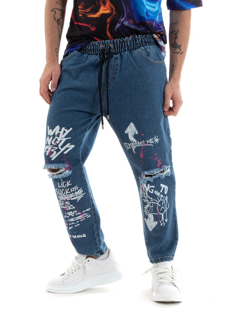 Pantaloni Jeans Uomo Regular Fit Denim Stampa Pantalaccio Con Rotture GIOSAL-P5767A