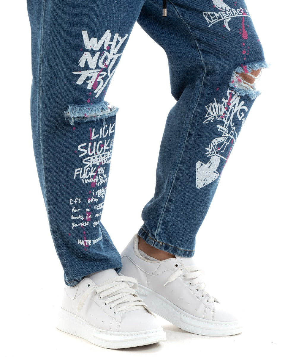 Pantaloni Jeans Uomo Regular Fit Denim Stampa Pantalaccio Con Rotture GIOSAL-P5767A