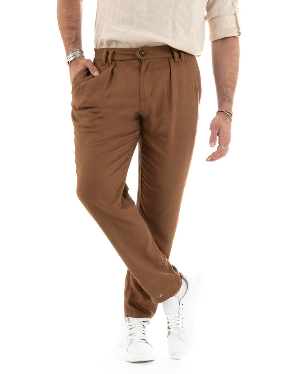 Pantaloni Uomo Lino Lungo Elastico Tinta Unita Camel Casual GIOSAL-P5776A