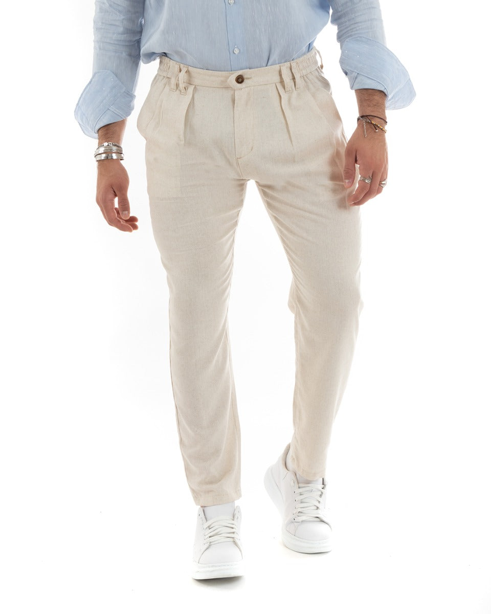 Pantaloni Uomo Lino Lungo Elastico Tinta Unita Beige Casual GIOSAL-P5780A