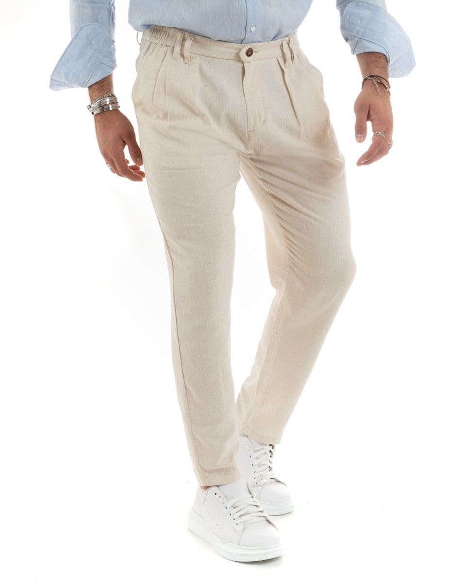 Pantaloni Uomo Lino Lungo Elastico Tinta Unita Beige Casual GIOSAL-P5780A