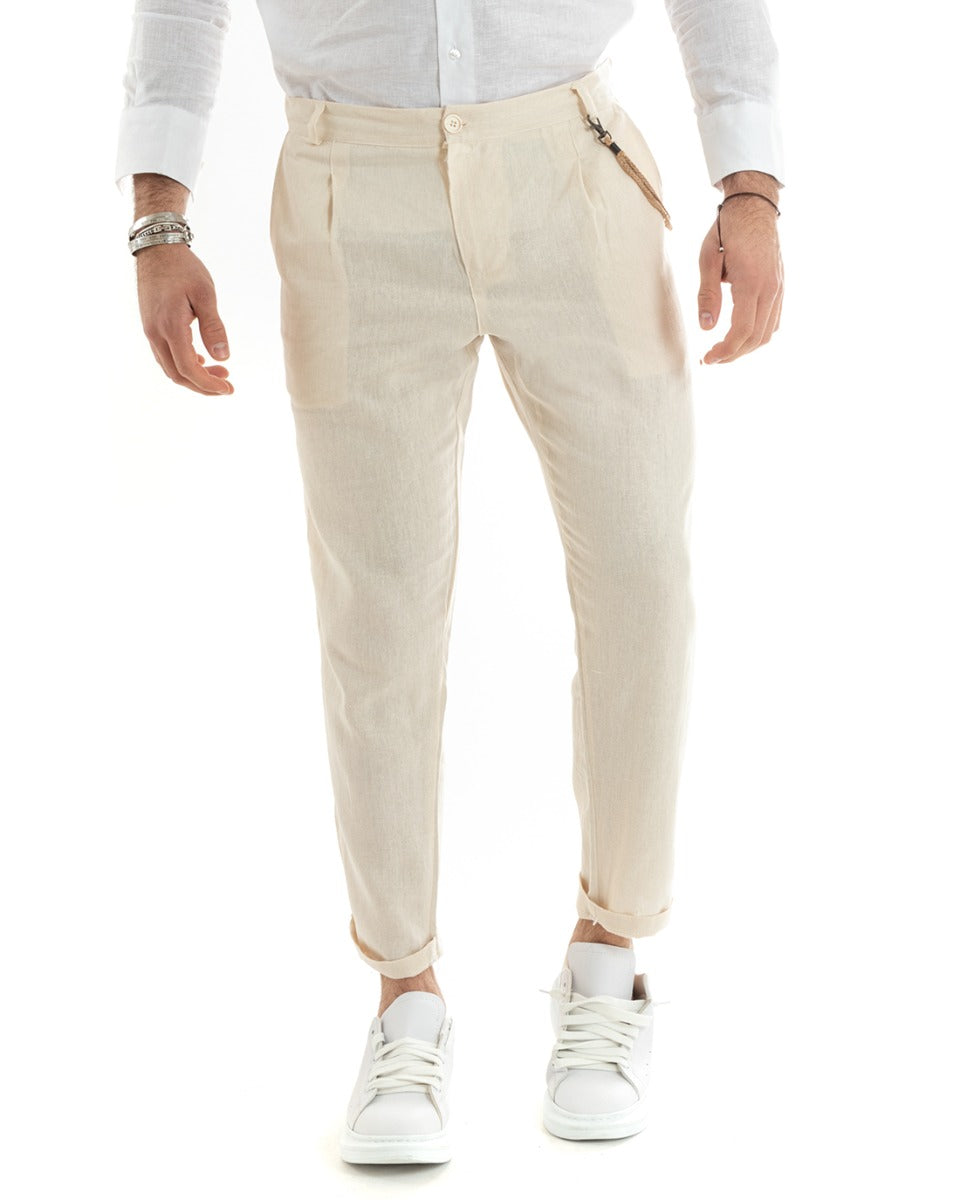 Pantaloni Uomo In Lino Con Tasca America Con Pinces Classico Sartoriale Comodo Casual Tinta Unita Beige GIOSAL-P5788A