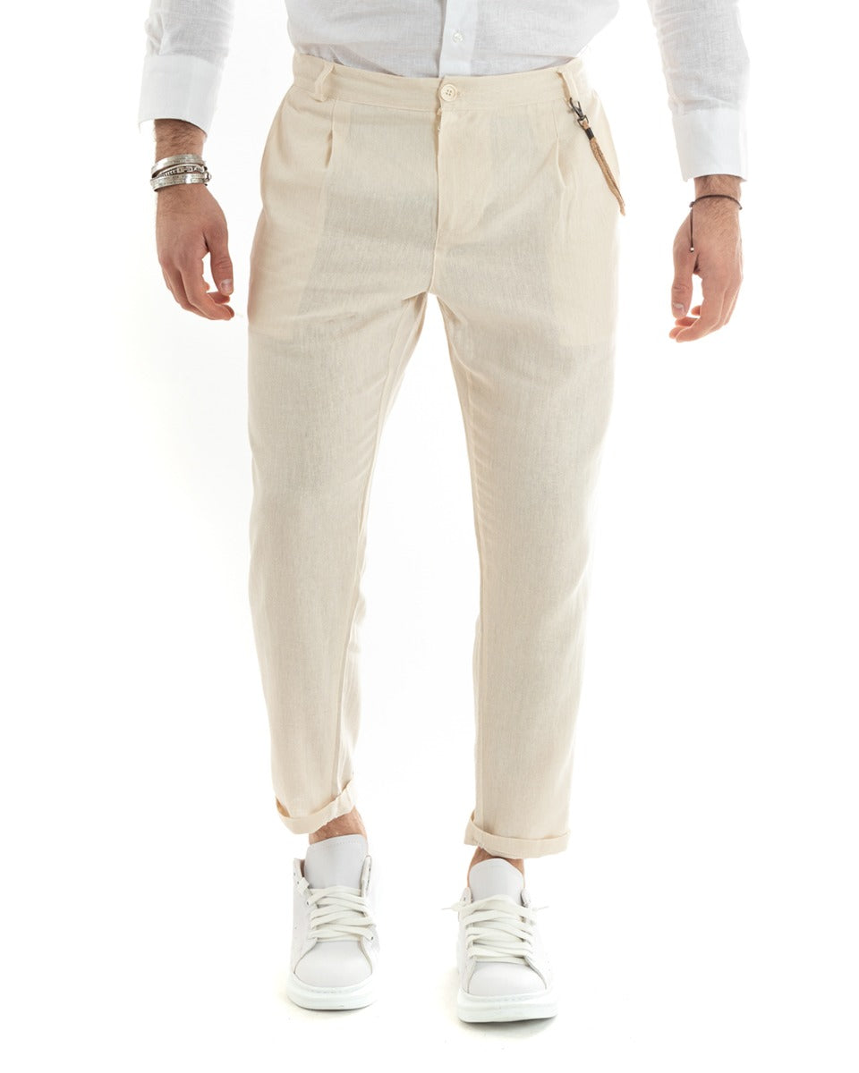 Pantaloni Uomo In Lino Con Tasca America Con Pinces Classico Sartoriale Comodo Casual Tinta Unita Beige GIOSAL-P5788A