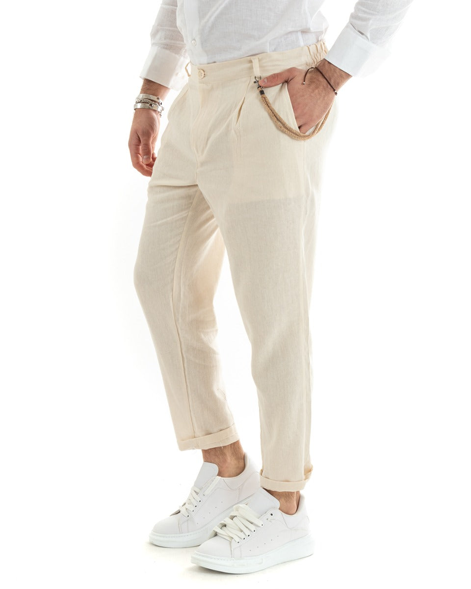 Pantaloni Uomo In Lino Con Tasca America Con Pinces Classico Sartoriale Comodo Casual Tinta Unita Beige GIOSAL-P5788A