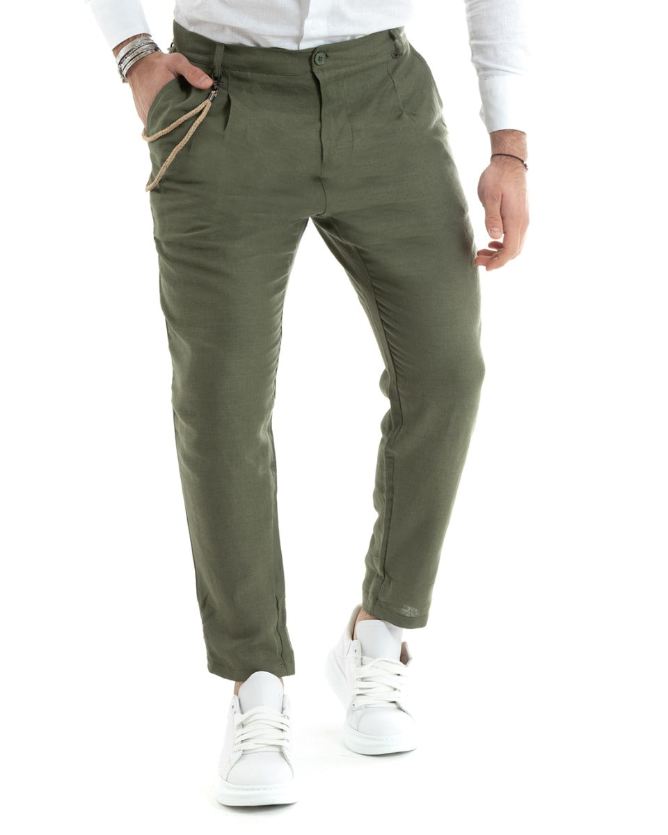 Pantaloni Uomo Lino Lungo Bottone Classico Casual Tinta Unita Verde GIOSAL-P5789A