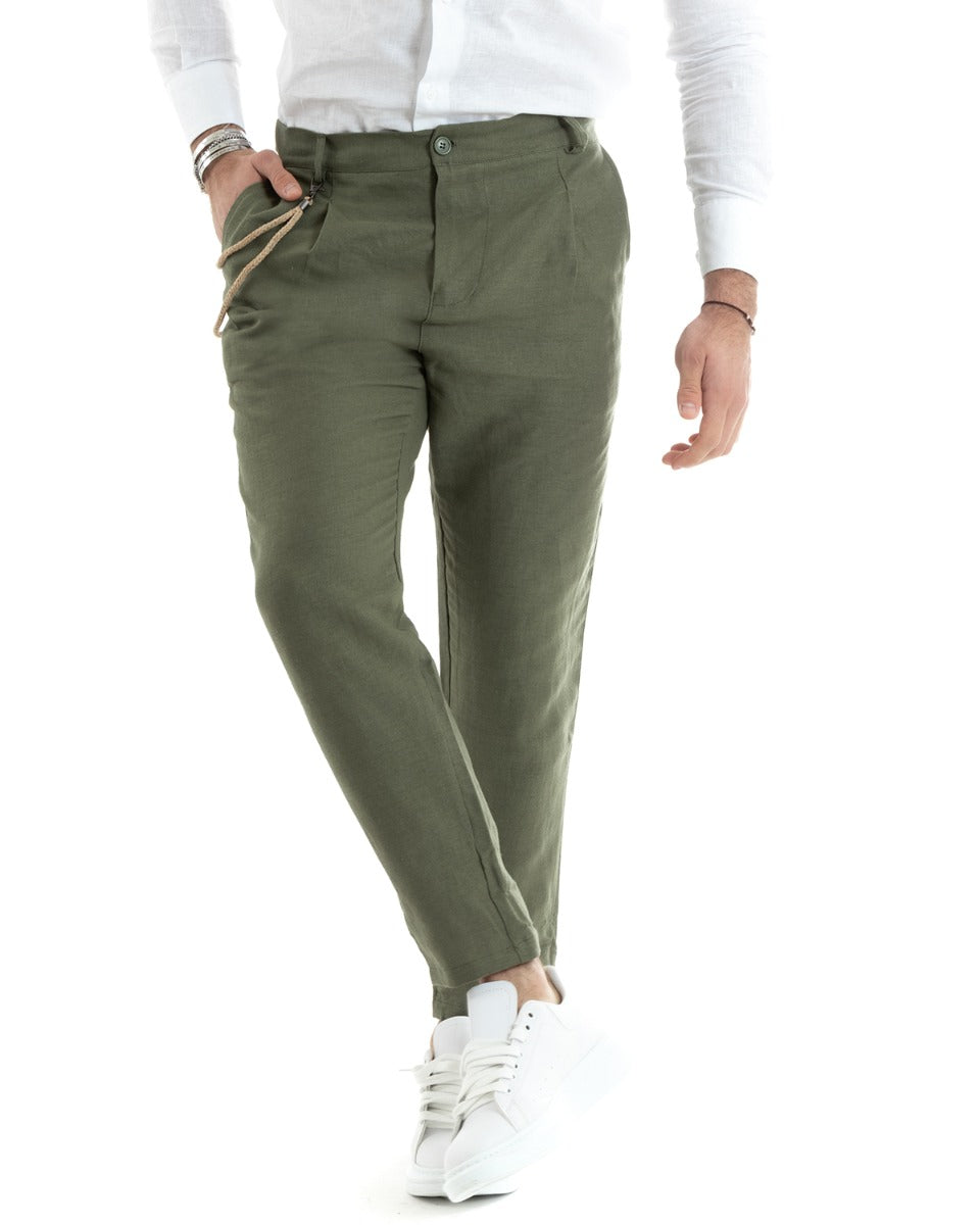 Pantaloni Uomo In Lino Con Tasca America Con Pinces Classico Sartoriale Comodo Casual Tinta Unita Verde Chiaro GIOSAL-P5789A