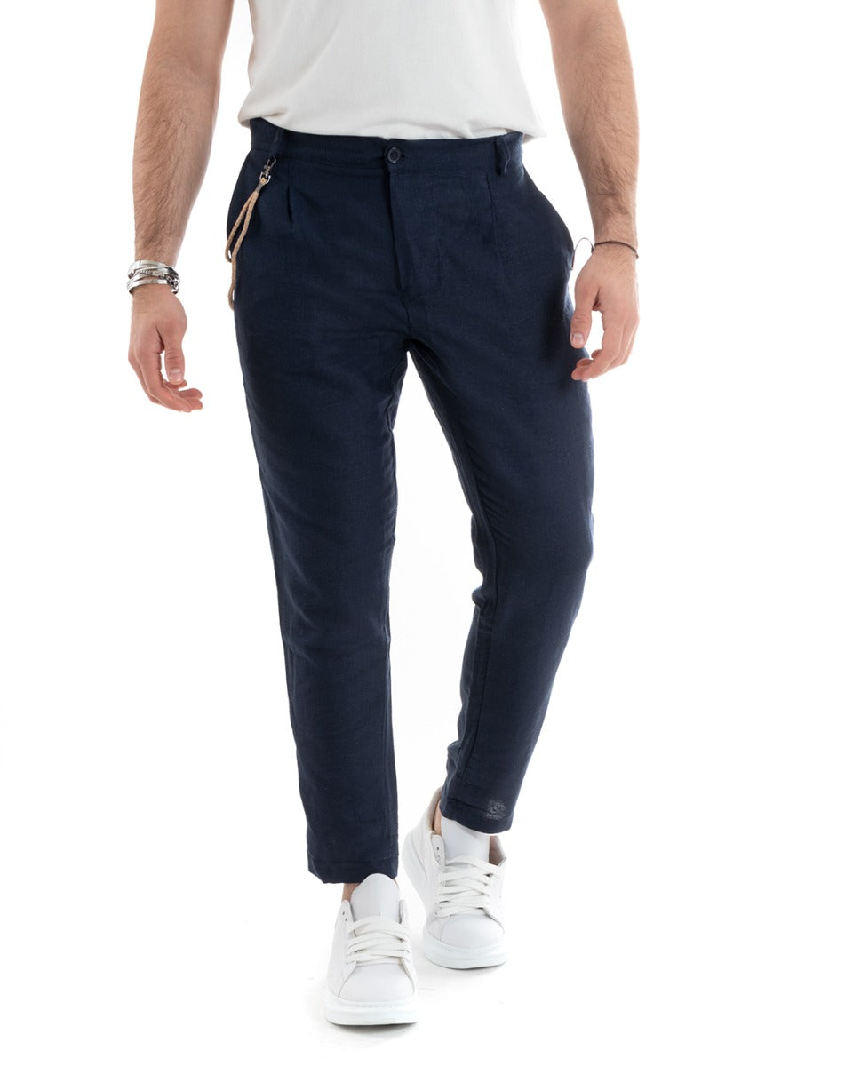 Pantaloni Uomo Lino Lungo Bottone Classico Casual Tinta Unita Blu GIOSAL-P5790A