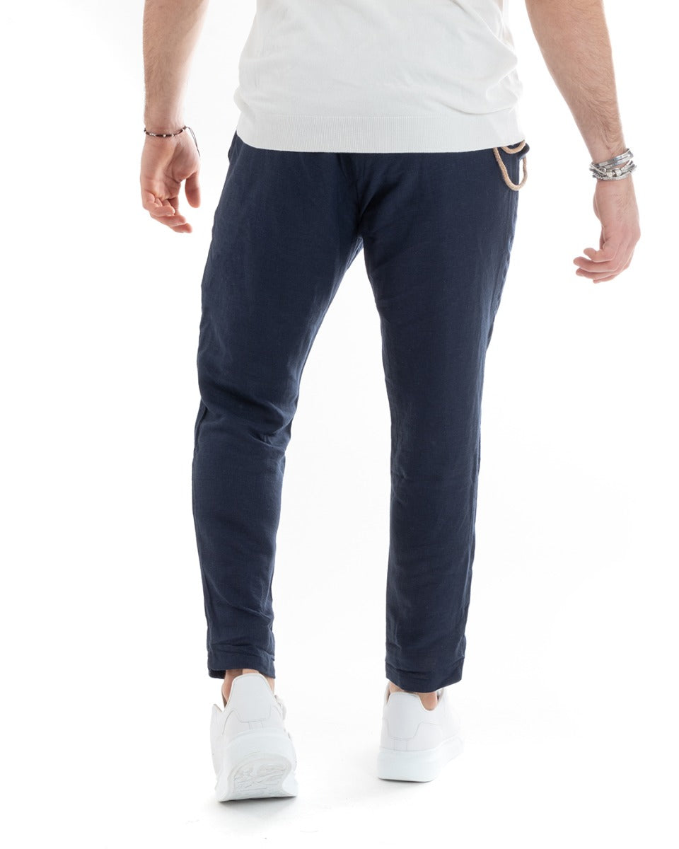 Pantaloni Uomo In Lino Con Tasca America Con Pinces Classico Sartoriale Comodo Casual Tinta Unita Blu GIOSAL-P5790A