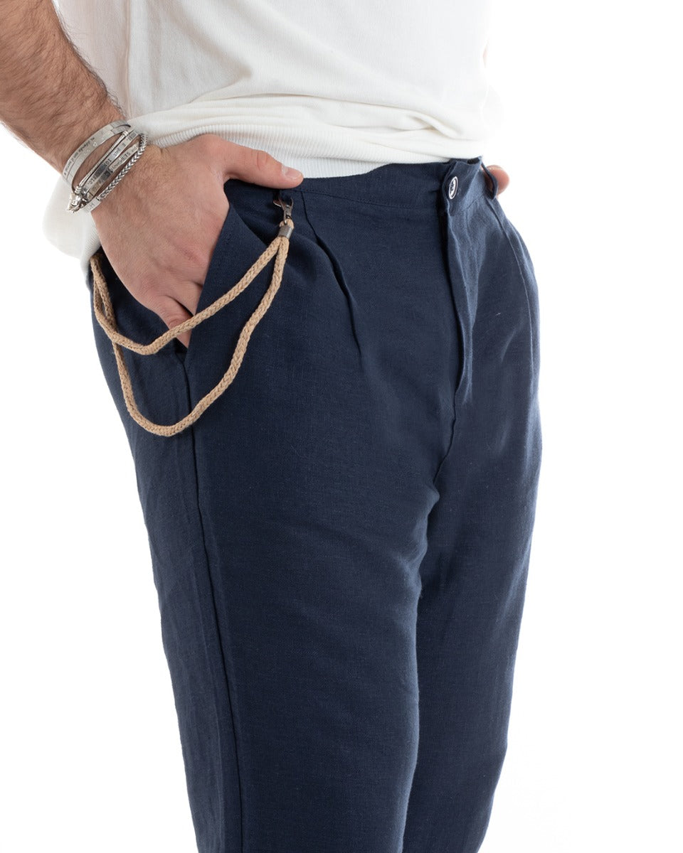 Pantaloni Uomo In Lino Con Tasca America Con Pinces Classico Sartoriale Comodo Casual Tinta Unita Blu GIOSAL-P5790A