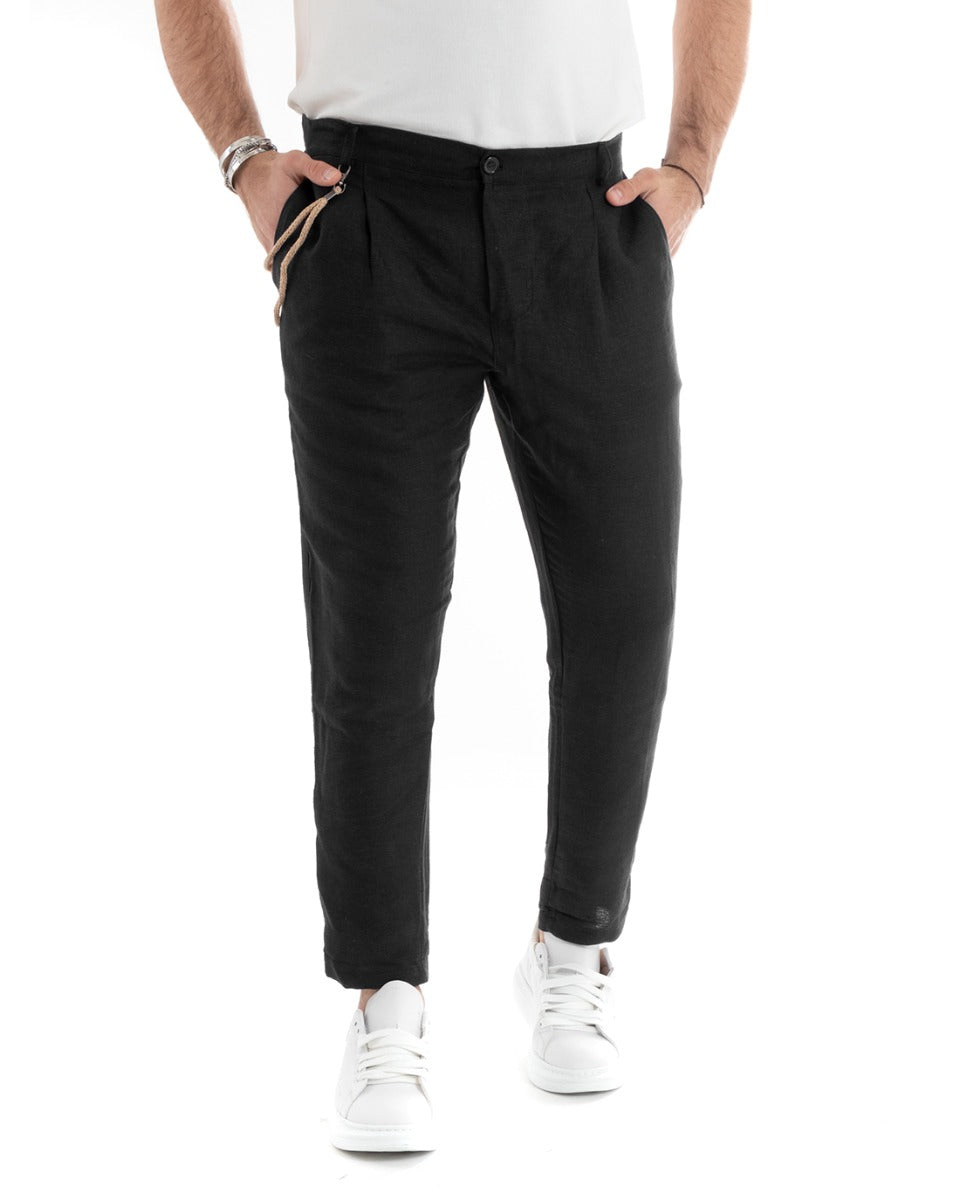 Pantaloni Uomo In Lino Con Tasca America Con Pinces Classico Sartoriale Comodo Casual Tinta Unita Nero GIOSAL-P5791A