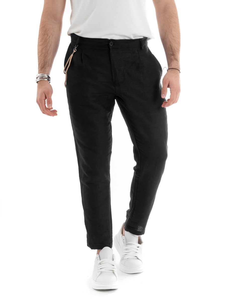 Pantaloni Uomo Lino Lungo Bottone Classico Casual Tinta Unita Nero GIOSAL-P5791A