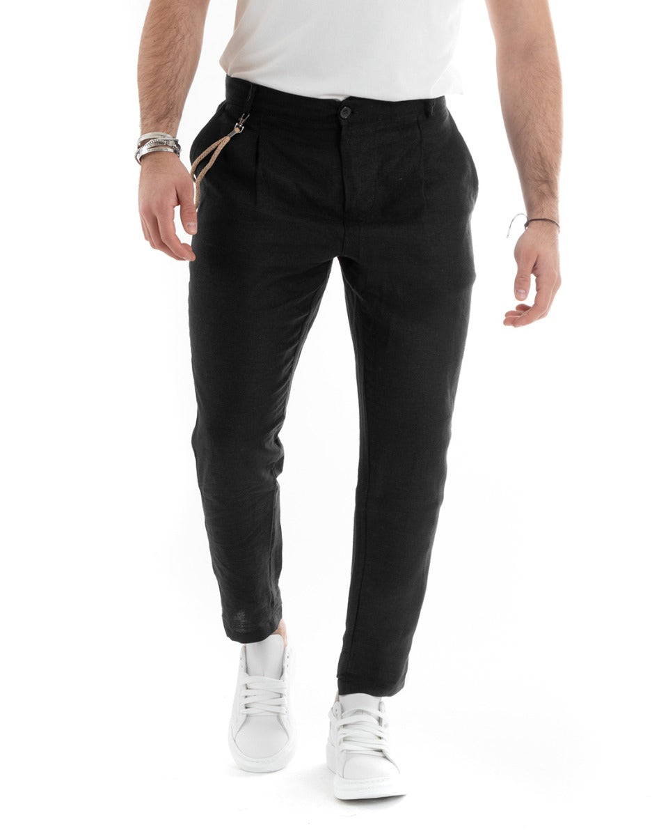 Pantaloni Uomo In Lino Con Tasca America Con Pinces Classico Sartoriale Comodo Casual Tinta Unita Nero GIOSAL-P5791A