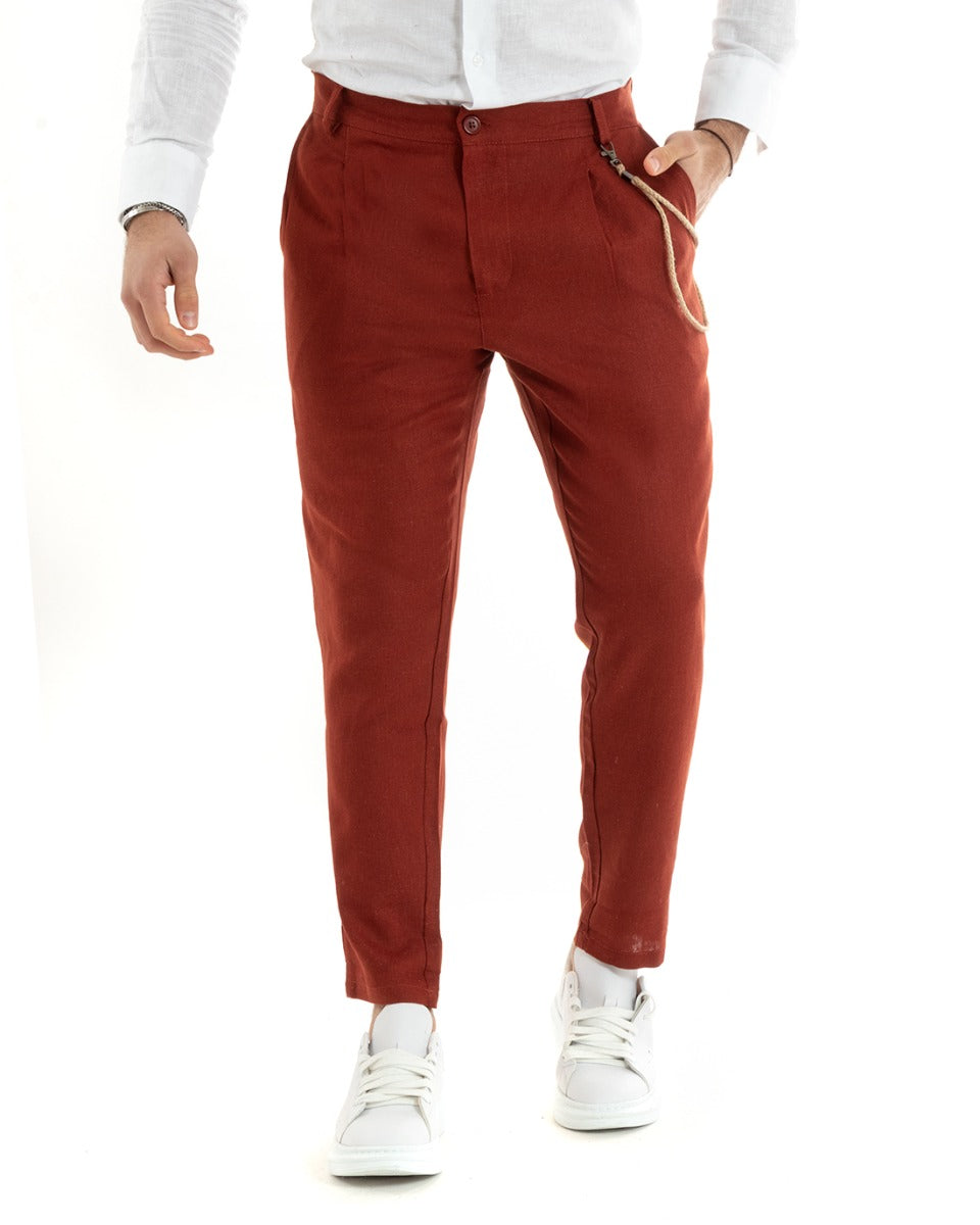 Pantaloni Uomo Lino Lungo Bottone Classico Casual Tinta Unita Mattone GIOSAL-P5793A