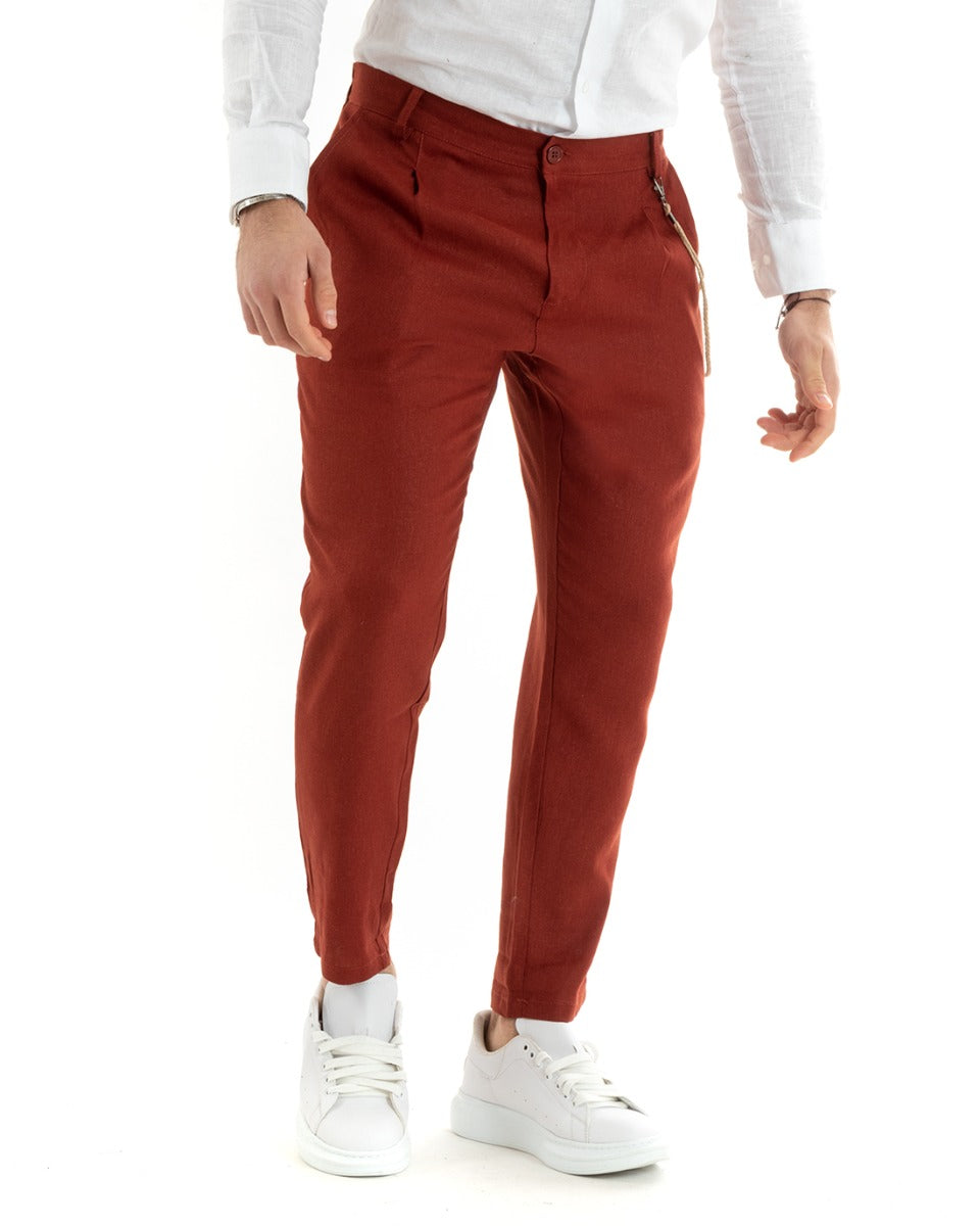 Pantaloni Uomo In Lino Con Tasca America Con Pinces Classico Sartoriale Comodo Casual Tinta Unita Mattone GIOSAL-P5793A