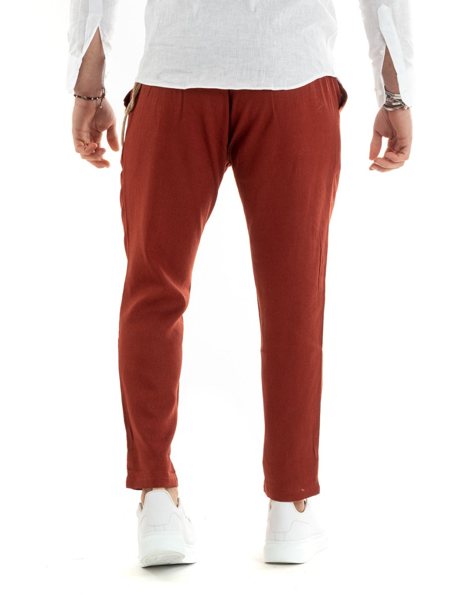 Pantaloni Uomo In Lino Con Tasca America Con Pinces Classico Sartoriale Comodo Casual Tinta Unita Mattone GIOSAL-P5793A