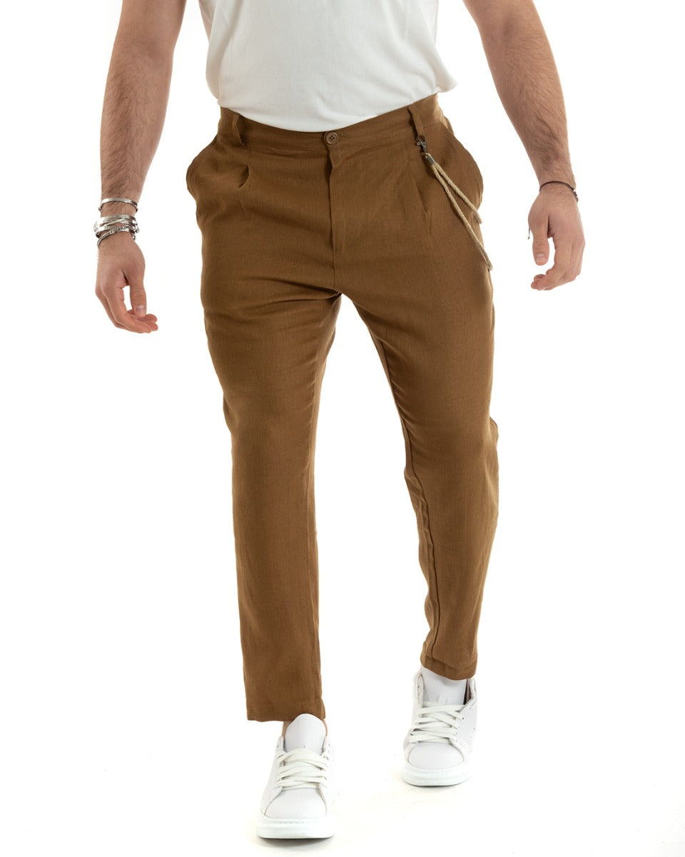 Pantaloni Uomo In Lino Con Tasca America Con Pinces Classico Sartoriale Comodo Casual Tinta Unita Camel GIOSAL-P5794A