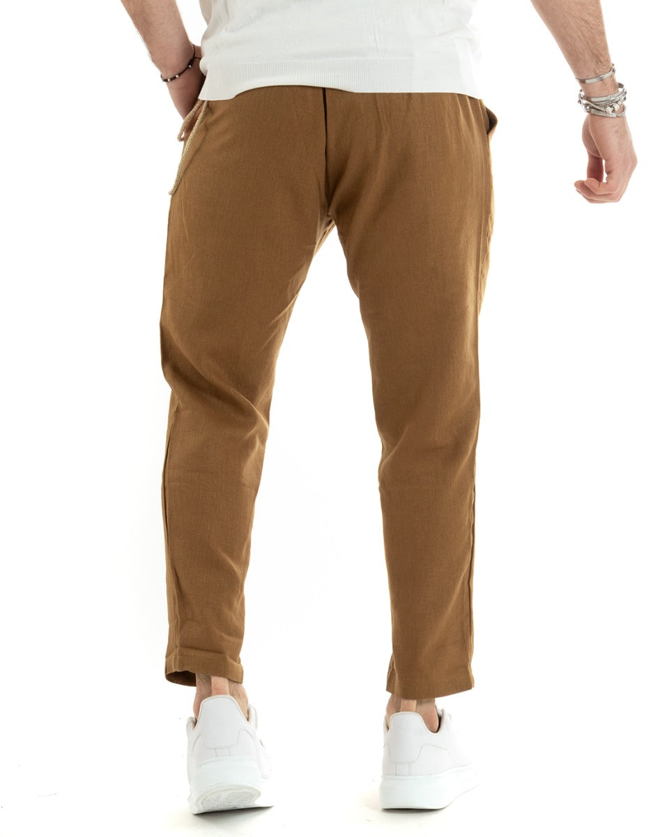 Pantaloni Uomo In Lino Con Tasca America Con Pinces Classico Sartoriale Comodo Casual Tinta Unita Camel GIOSAL-P5794A