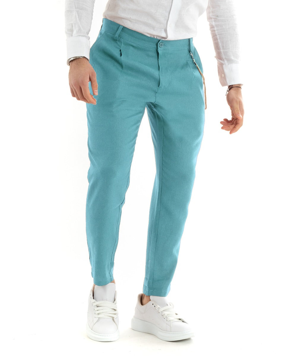 Pantaloni Uomo Lino Lungo Bottone Classico Casual Tinta Unita Azzurro GIOSAL-P5803A