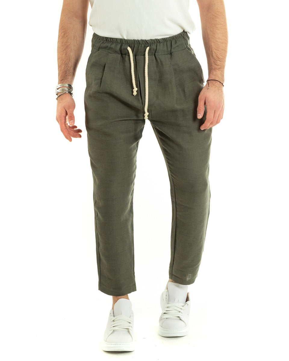 Pantaloni Uomo Pantalaccio Lino Lungo Jogger Elastico Sartoriale Casual Tinta Unita Verde GIOSAL-P5810A