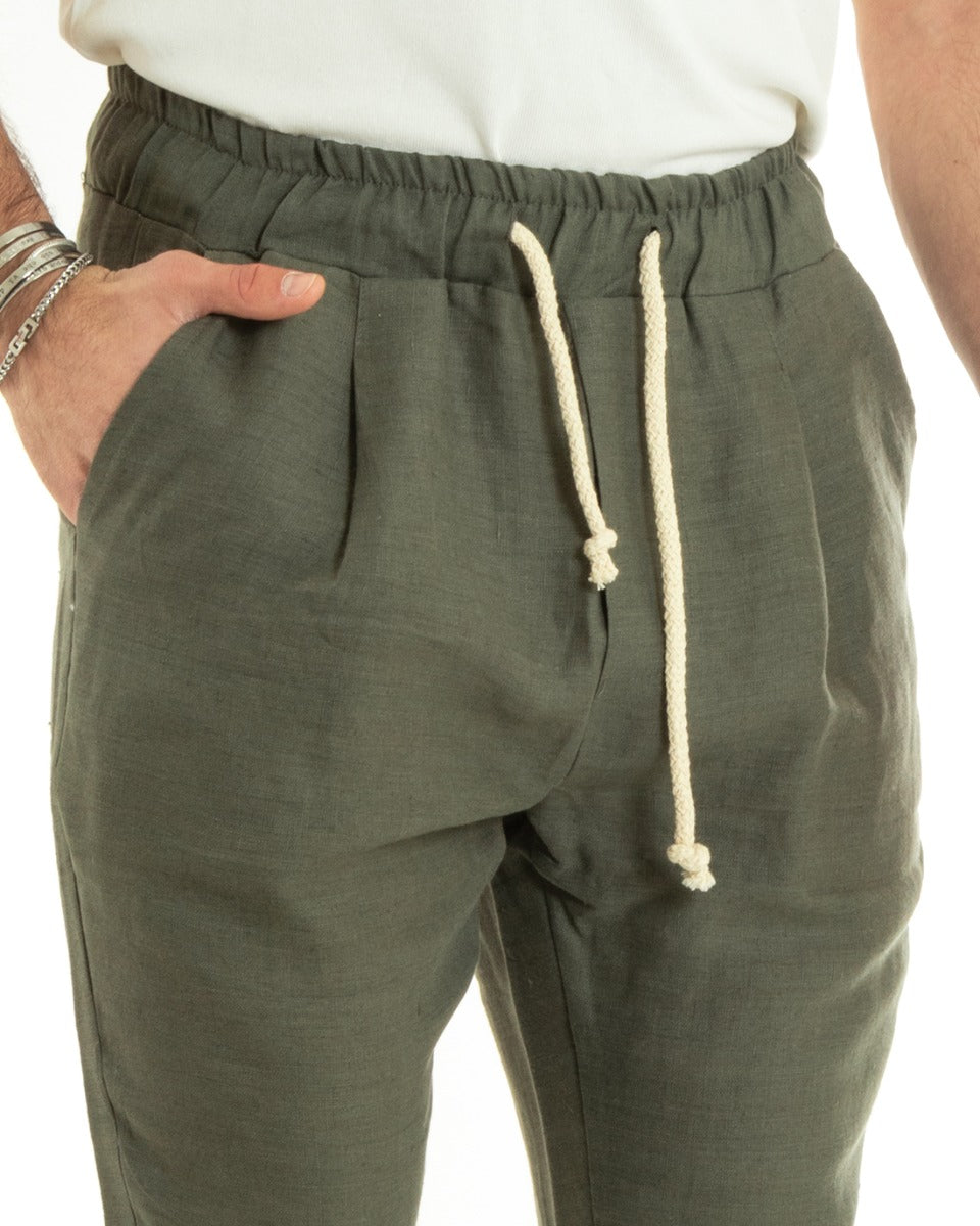 Pantaloni Uomo Pantalaccio Lino Lungo Jogger Elastico Sartoriale Casual Tinta Unita Verde GIOSAL-P5810A