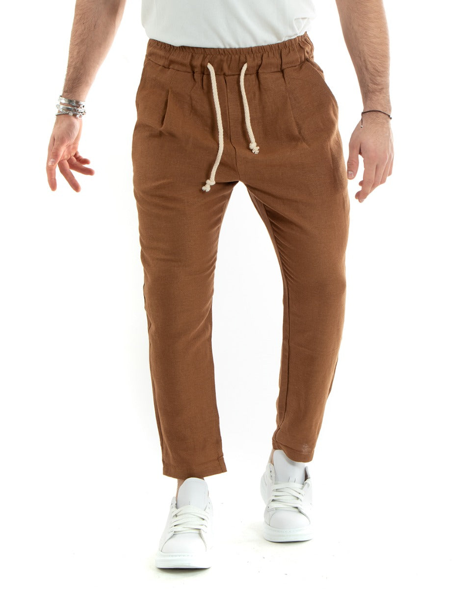 Pantaloni Uomo Lino Pantalaccio Lungo Elastico Casual Camel Sartoriale GIOSAL-P5811A