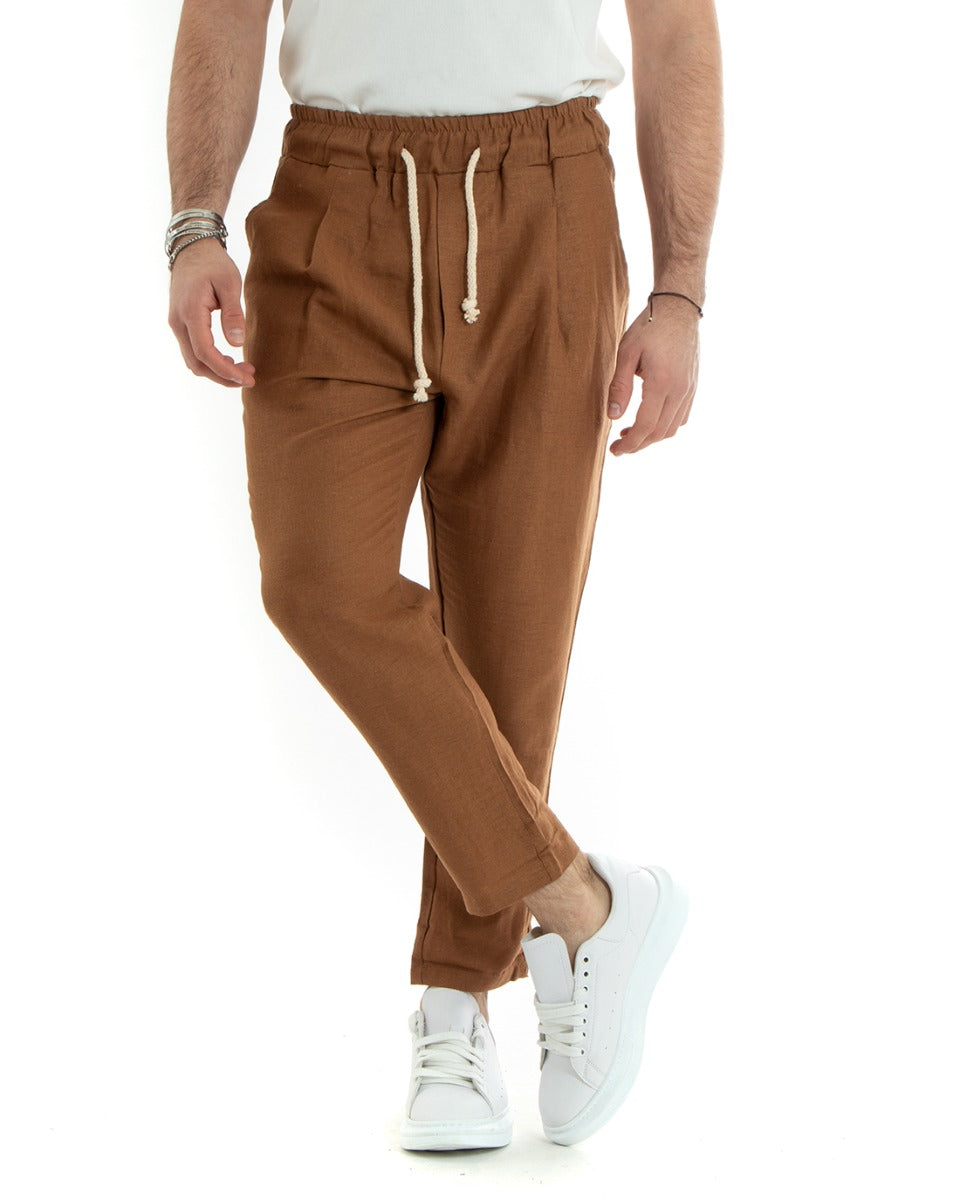 Pantaloni Uomo Lino Pantalaccio Lungo Elastico Casual Camel Sartoriale GIOSAL-P5811A