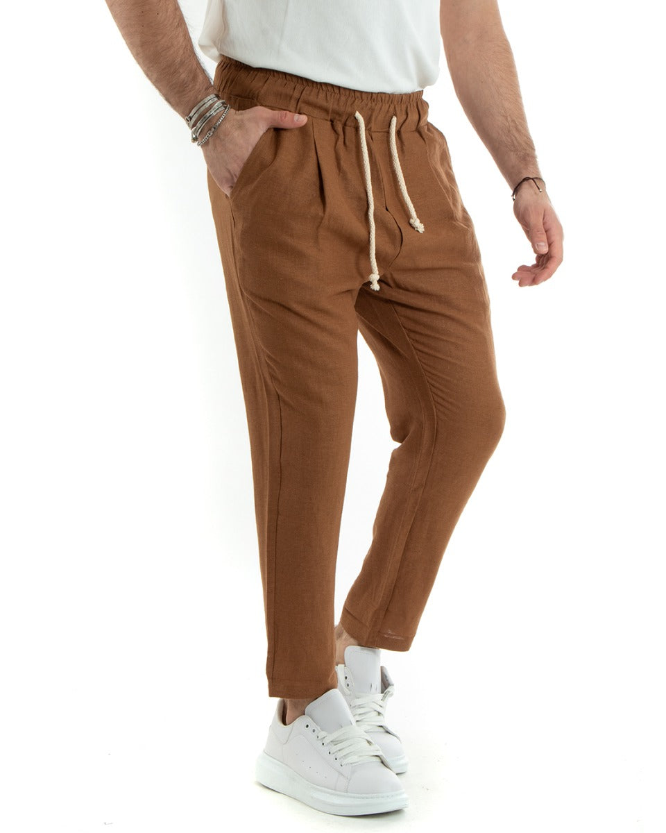 Pantaloni Uomo Pantalaccio Lino Lungo Jogger Elastico Sartoriale Casual Tinta Unita Camel GIOSAL-P5811A