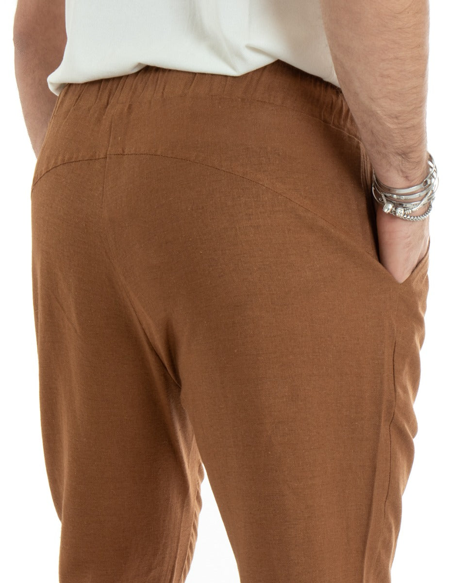 Pantaloni Uomo Pantalaccio Lino Lungo Jogger Elastico Sartoriale Casual Tinta Unita Camel GIOSAL-P5811A