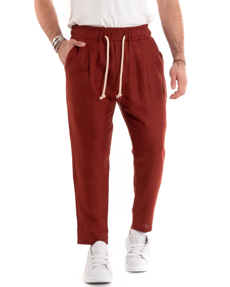 Pantaloni Uomo Lino Pantalaccio Lungo Elastico Casual Mattone Sartoriale GIOSAL-P5812A