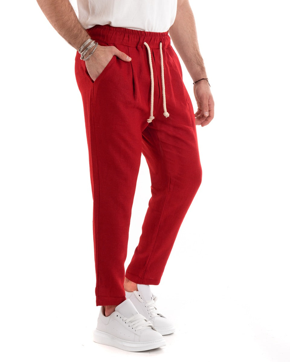Pantaloni Uomo Pantalaccio Lino Lungo Jogger Elastico Sartoriale Casual Tinta Unita Rosso GIOSAL-P5813A