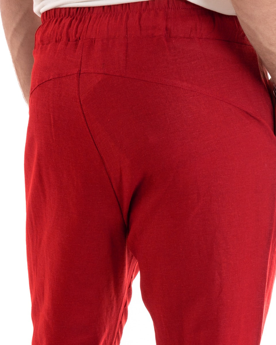 Pantaloni Uomo Lino Pantalaccio Lungo Elastico Rosso Casual Sartoriale GIOSAL-P5813A