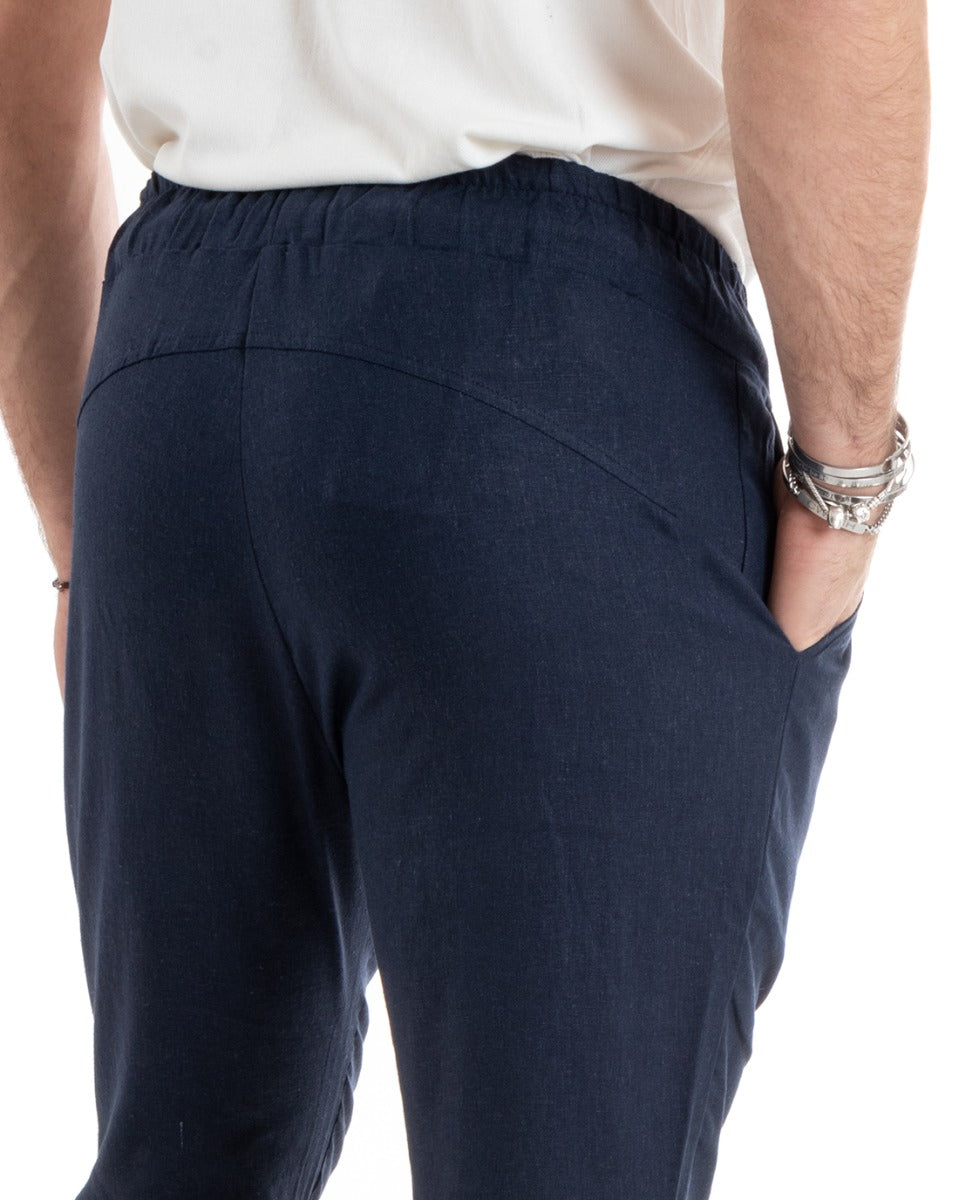 Pantaloni Uomo Pantalaccio Lino Lungo Jogger Elastico Sartoriale Casual Tinta Unita Blu GIOSAL-P5815A