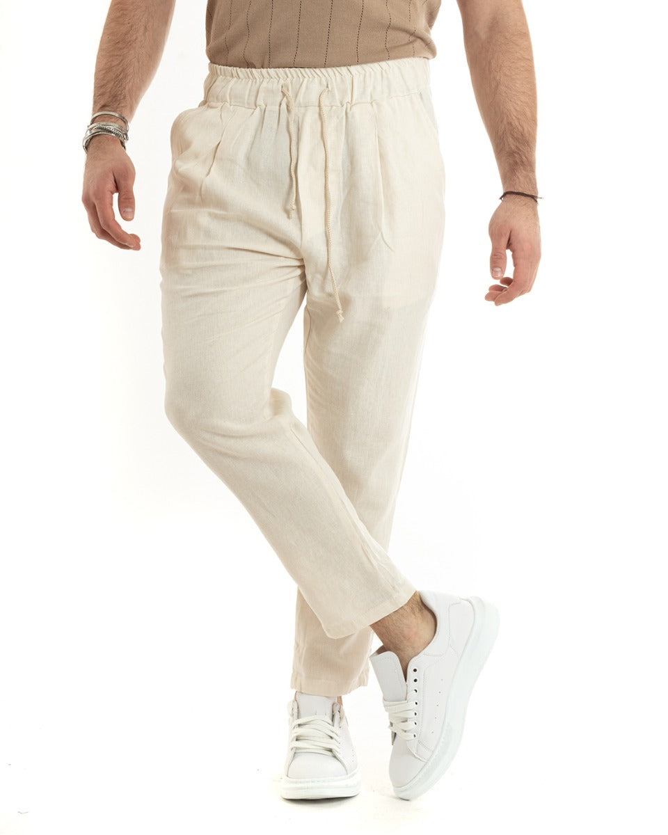 Pantaloni Uomo Lino Pantalaccio Lungo Elastico Beige Casual Sartoriale GIOSAL-P5817A