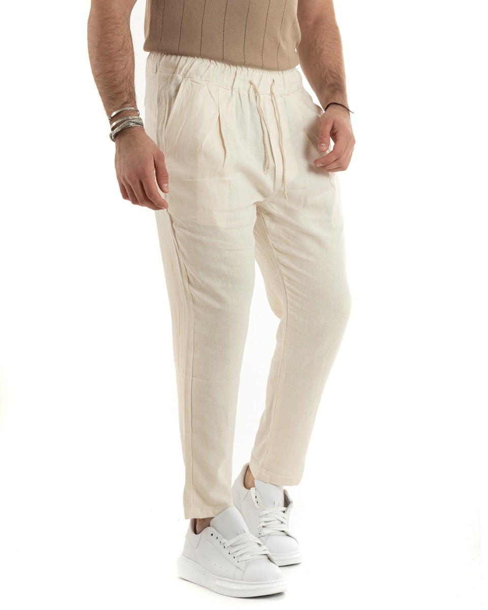 Pantaloni Uomo Lino Pantalaccio Lungo Elastico Beige Casual Sartoriale GIOSAL-P5817A