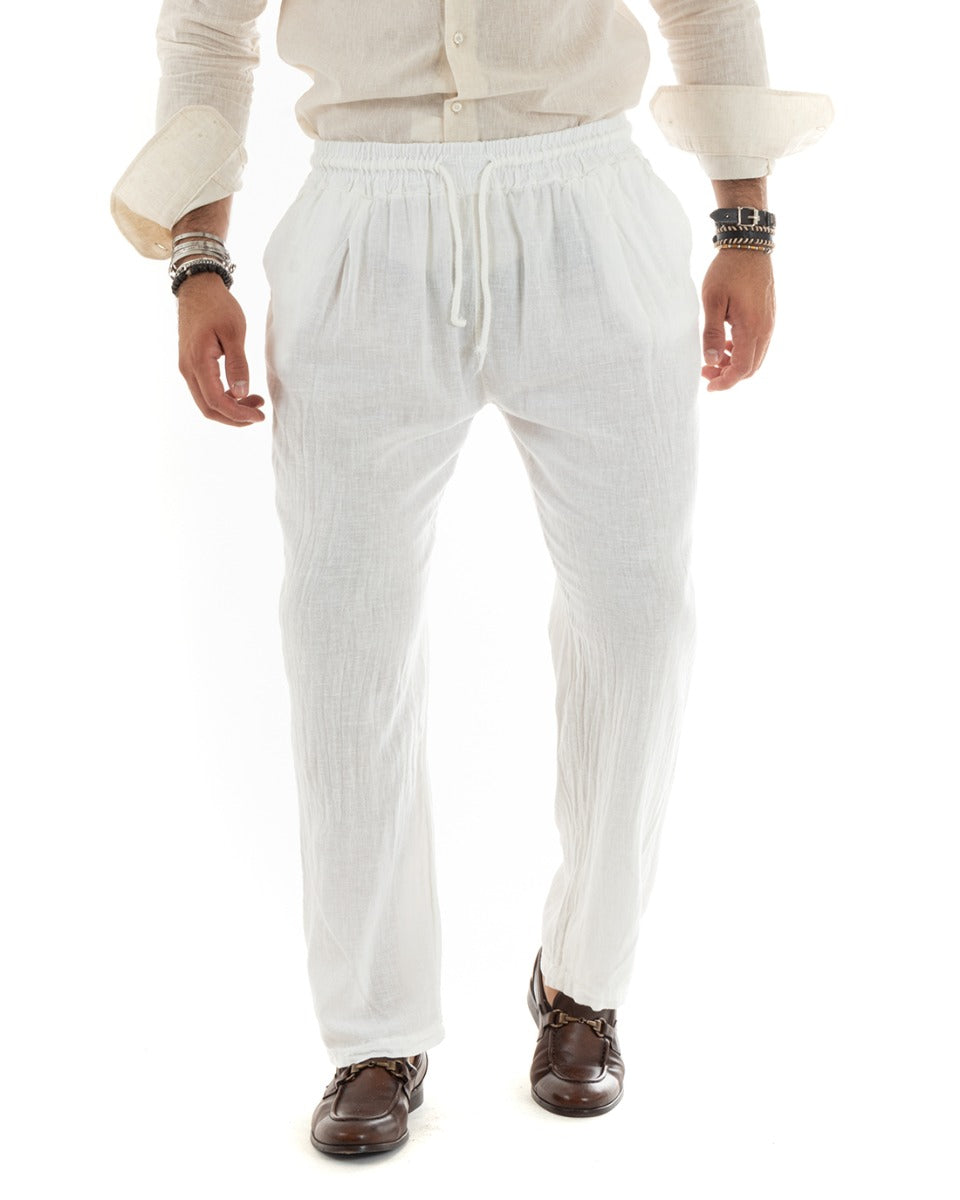 Pantaloni Uomo Lino Pantalaccio Lungo Elastico Wide Leg Tinta Unita Bianco Casual GIOSAL-P5822A