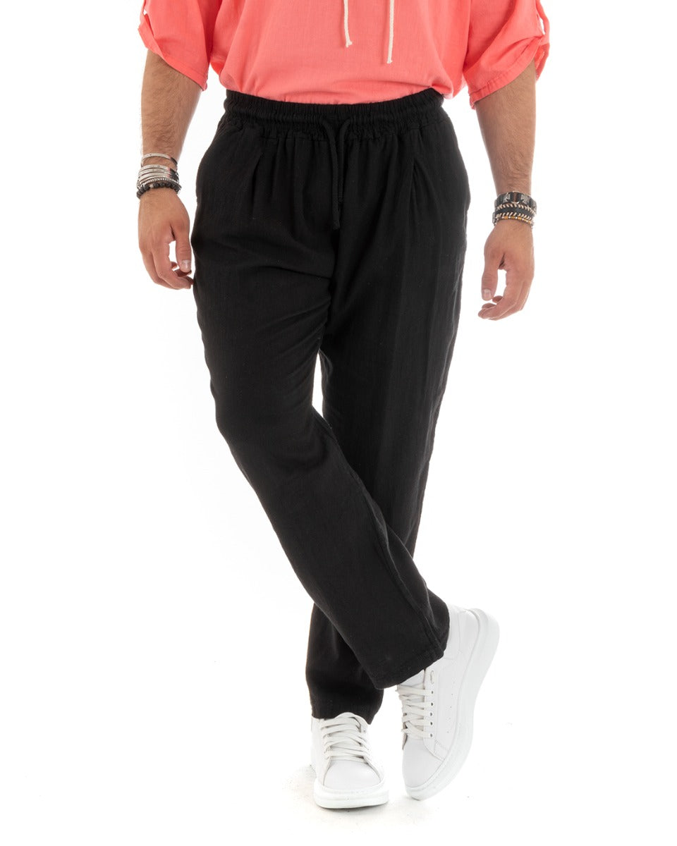 Pantaloni Uomo Lino Pantalaccio Lungo Elastico Wide Leg Tinta Unita Nero Casual GIOSAL-P5823A