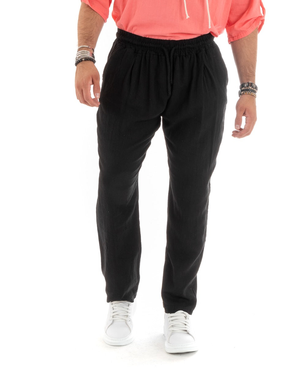 Pantaloni Uomo Lino Pantalaccio Lungo Elastico Wide Leg Tinta Unita Nero Casual GIOSAL-P5823A