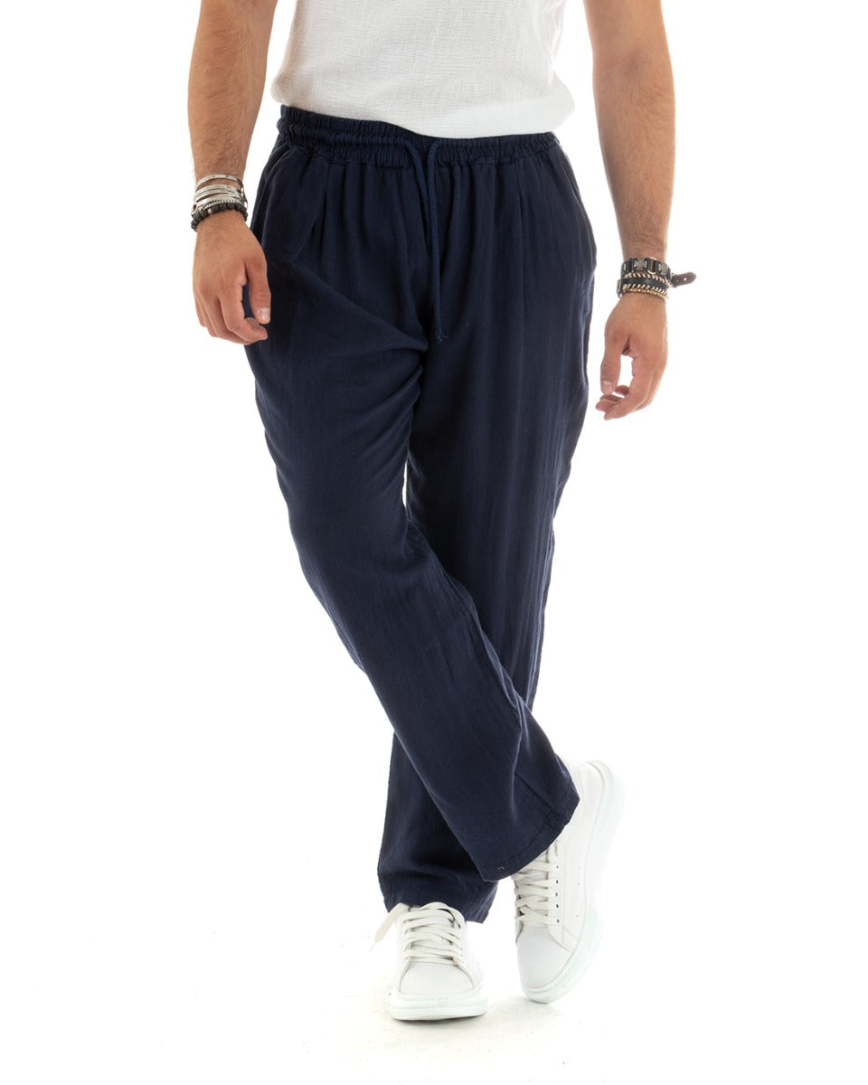 Pantaloni Uomo Lino Pantalaccio Lungo Elastico Wide Leg Tinta Unita Blu Casual GIOSAL-P5826A