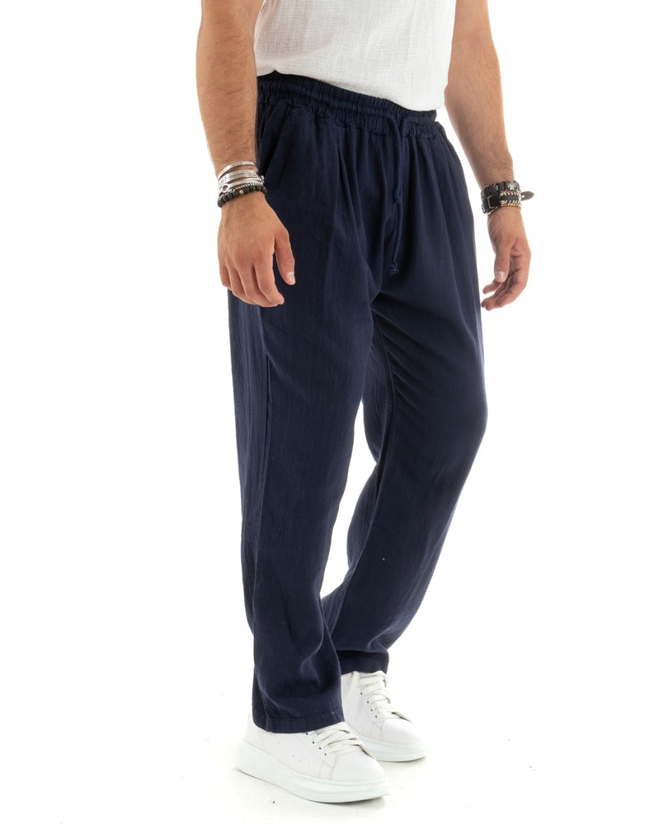 Pantaloni Uomo Lino Pantalaccio Lungo Elastico Wide Leg Tinta Unita Blu Casual GIOSAL-P5826A