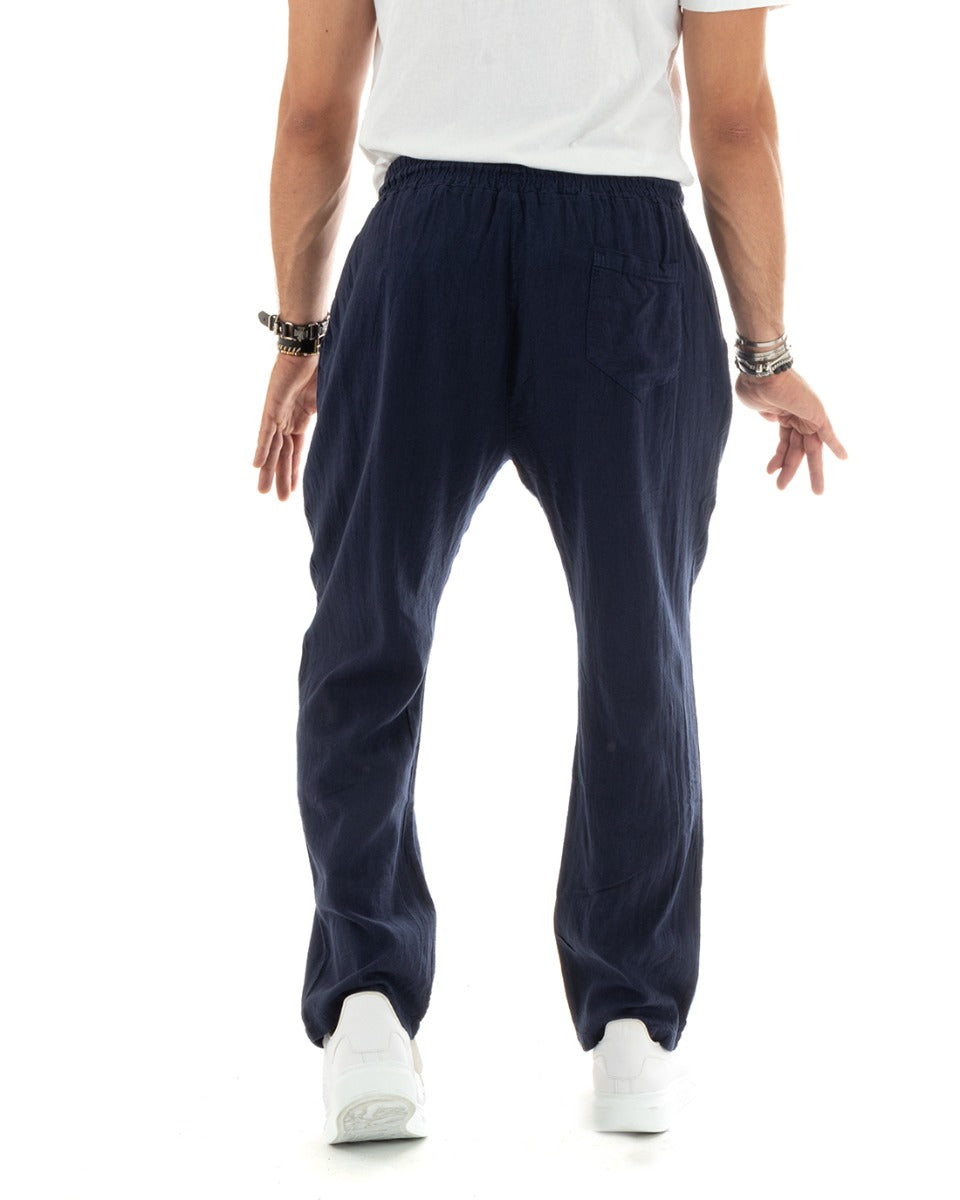 Pantaloni Uomo Lino Pantalaccio Lungo Elastico Wide Leg Tinta Unita Blu Casual GIOSAL-P5826A