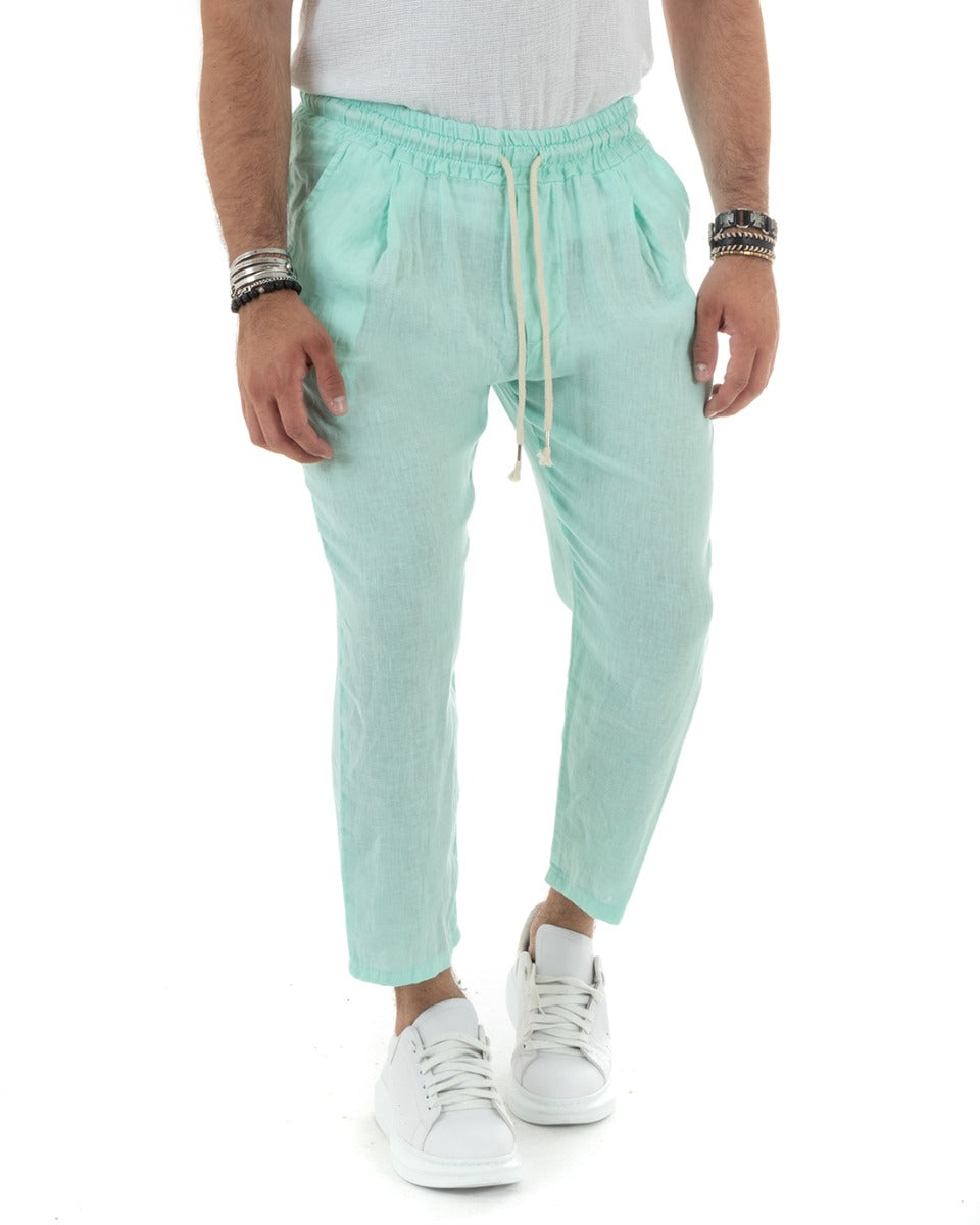 Pantaloni Uomo Lino Pantalaccio Lungo Elastico Verde Acqua Casual Sartoriale GIOSAL-P5828A