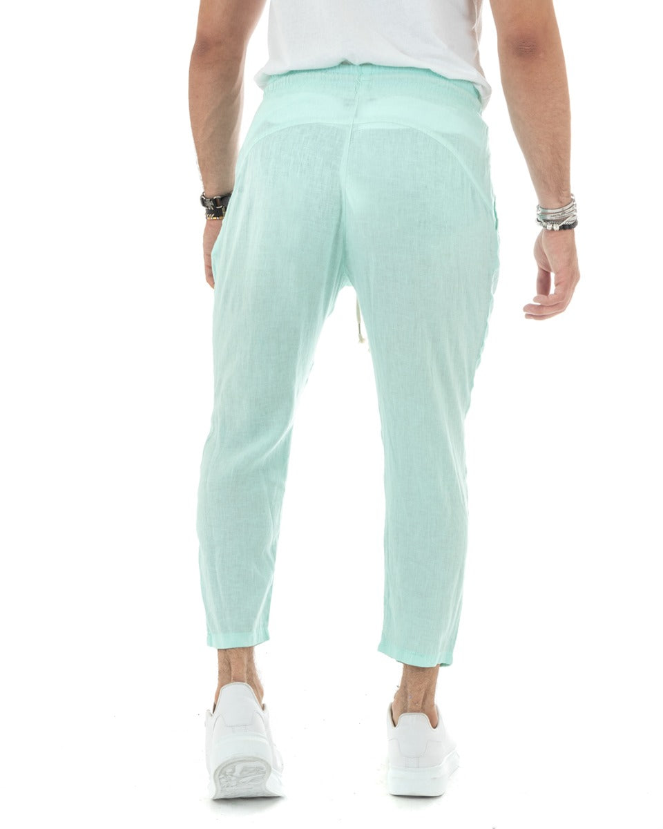 Pantaloni Uomo Lino Pantalaccio Lungo Elastico Verde Acqua Casual Sartoriale GIOSAL-P5828A
