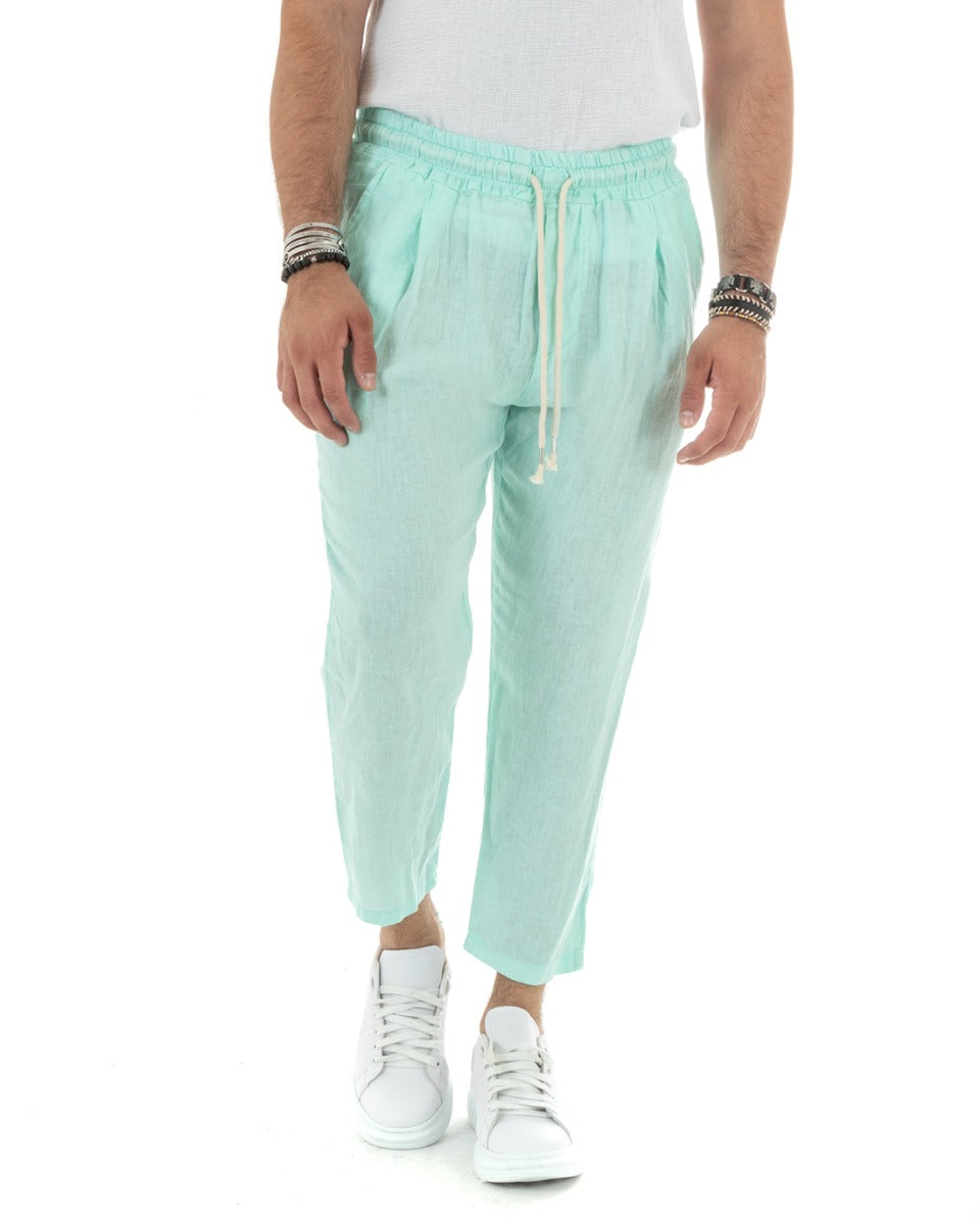 Pantaloni Uomo Lino Pantalaccio Lungo Elastico Verde Acqua Casual Sartoriale GIOSAL-P5828A