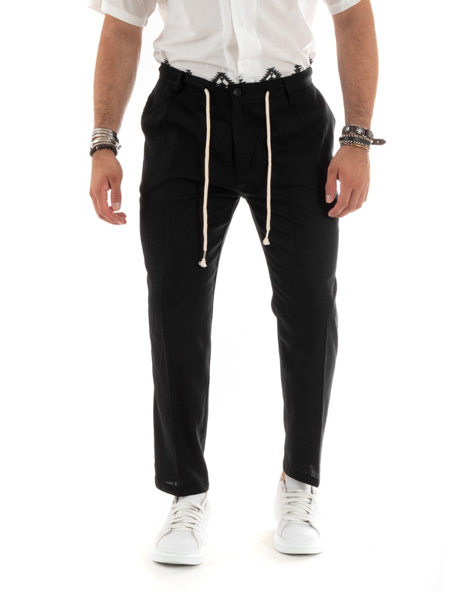 Pantaloni Uomo Lino Con Tasca America Basic Con Coulisse Elastico Sul Retro Casual Nero GIOSAL-P5832A