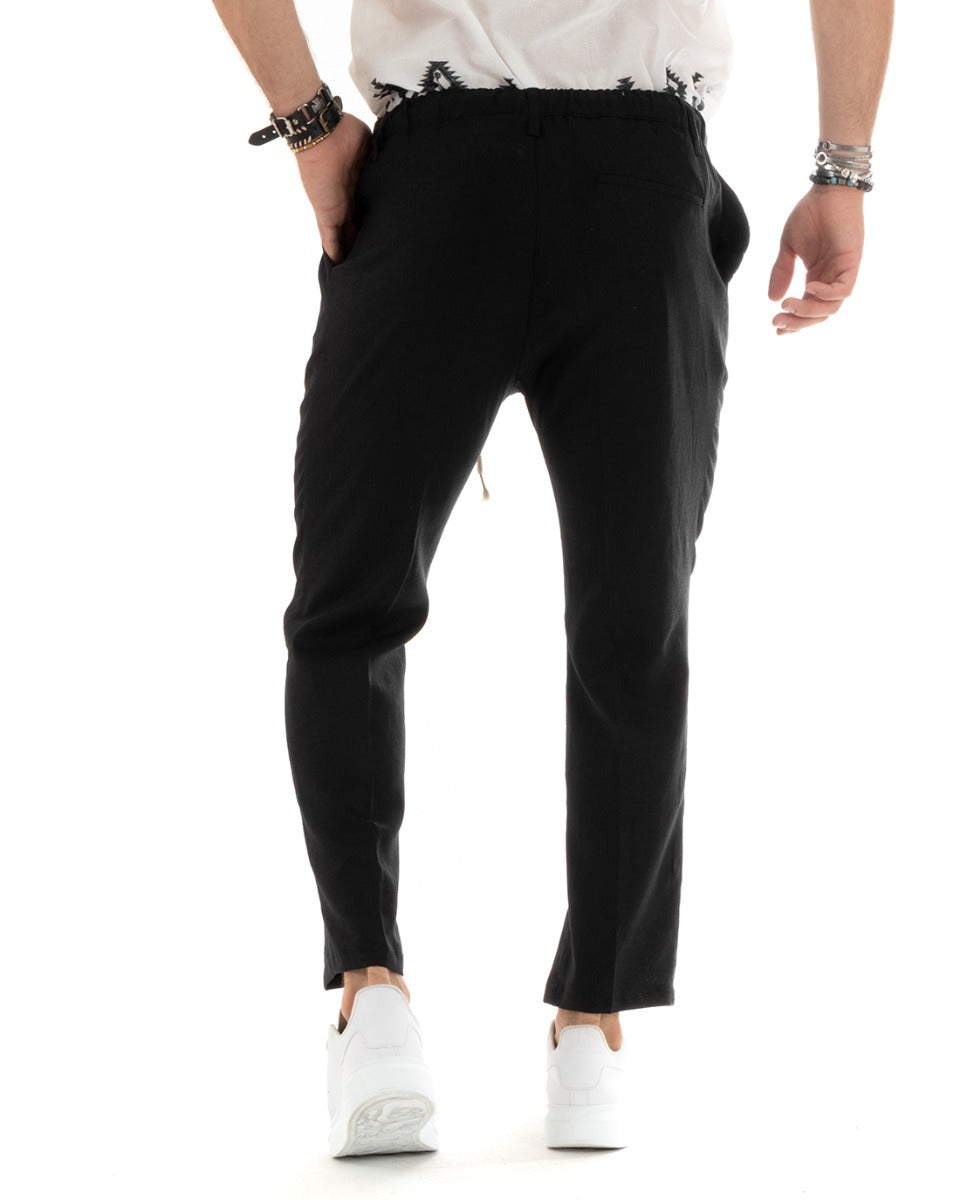 Pantaloni Uomo Lino Con Tasca America Basic Con Coulisse Elastico Sul Retro Casual Nero GIOSAL-P5832A