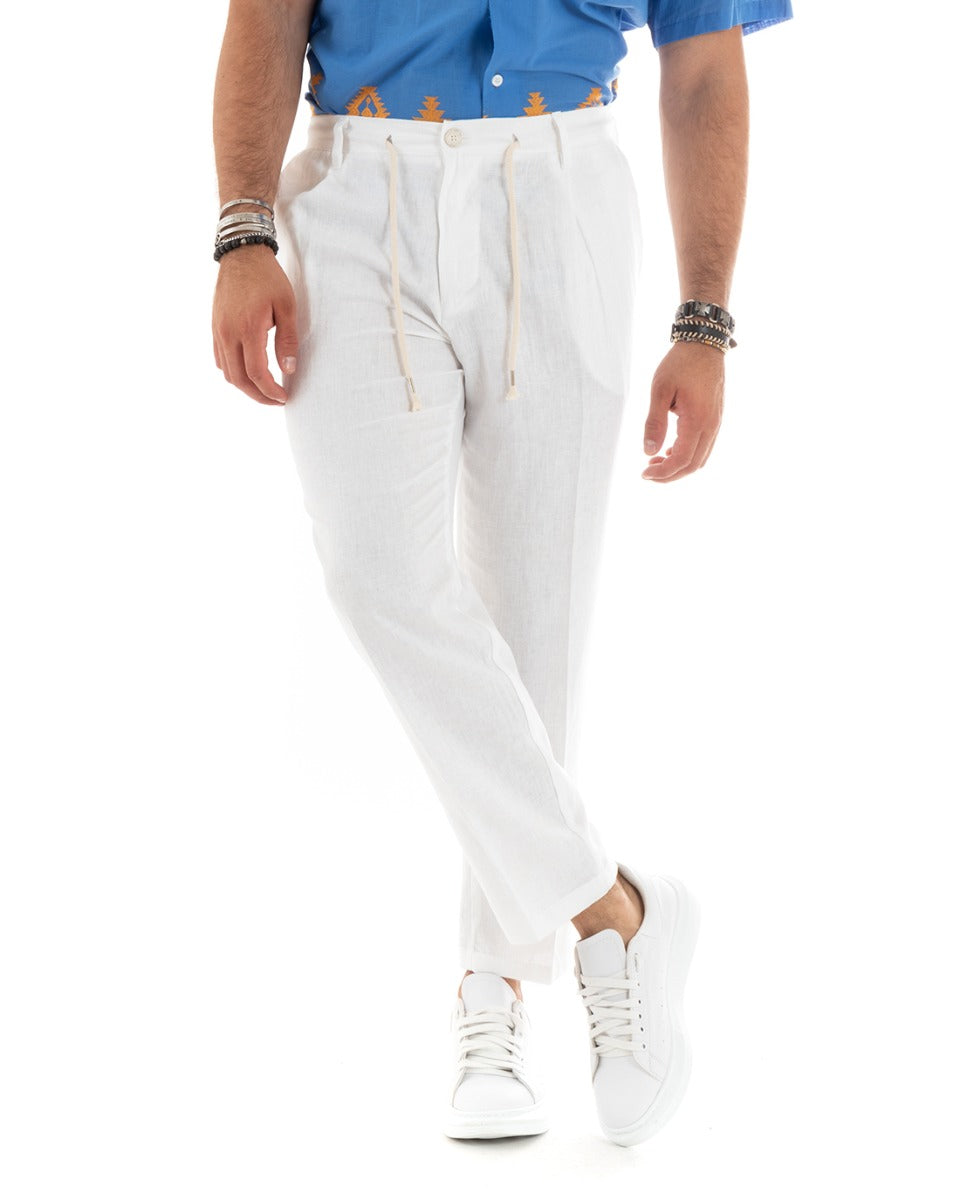 Pantaloni Uomo Lino Con Tasca America Basic Con Coulisse Elastico Sul Retro Casual Tinta Unita Bianco GIOSAL-P5833A