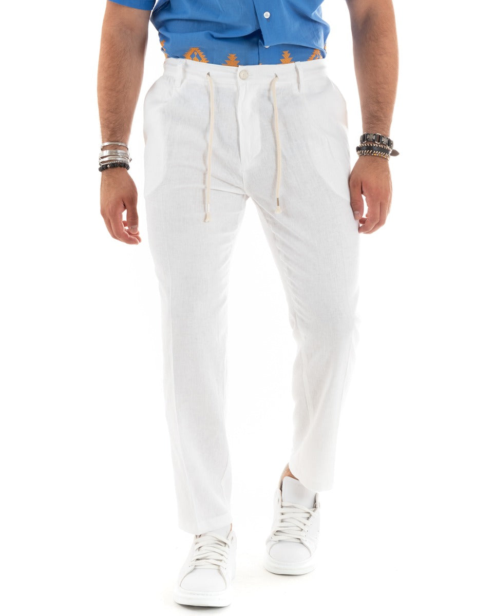 Pantaloni Uomo Lino Con Tasca America Basic Con Coulisse Elastico Sul Retro Casual Tinta Unita Bianco GIOSAL-P5833A