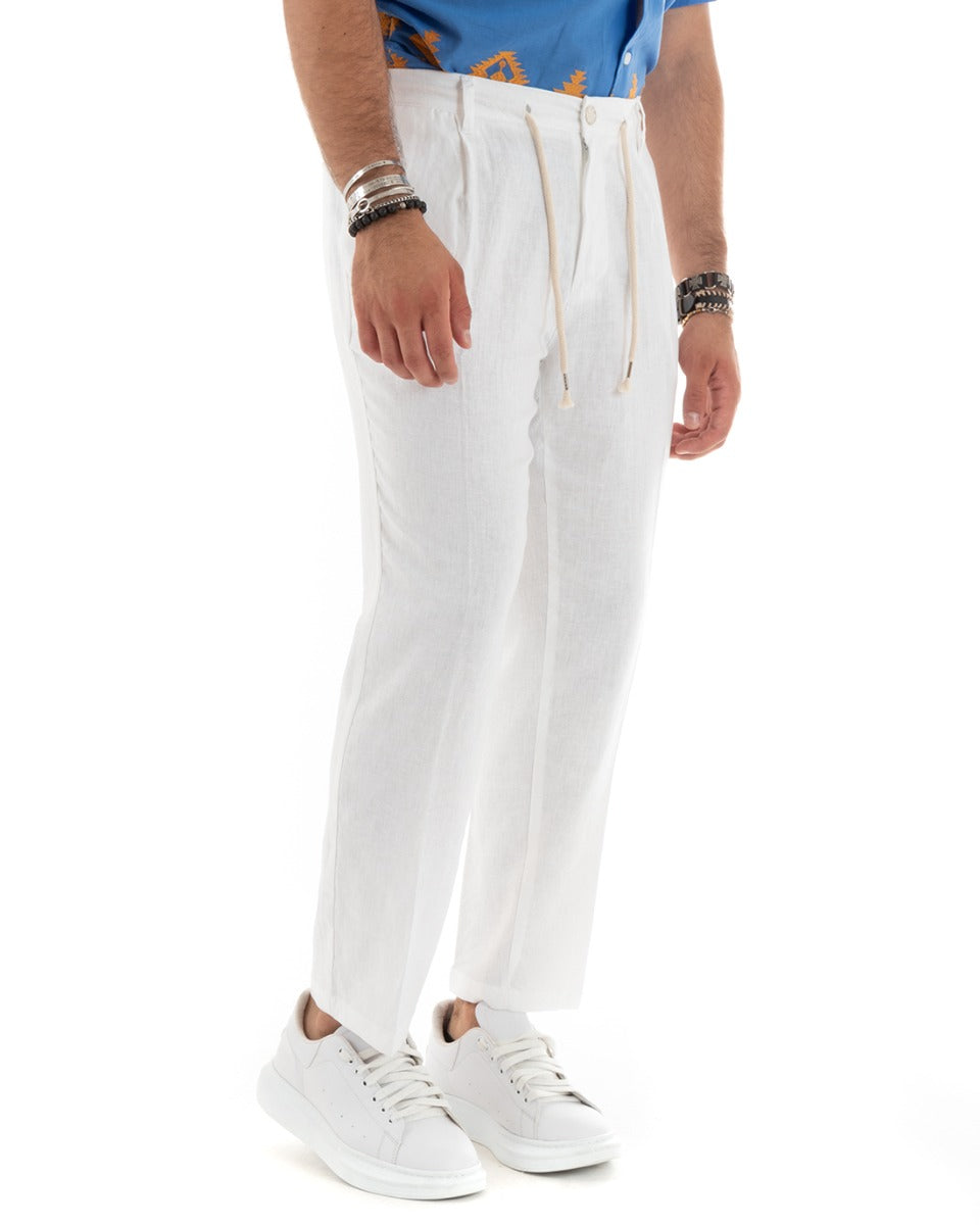 Pantaloni Uomo Lino Con Tasca America Basic Con Coulisse Elastico Sul Retro Casual Tinta Unita Bianco GIOSAL-P5833A