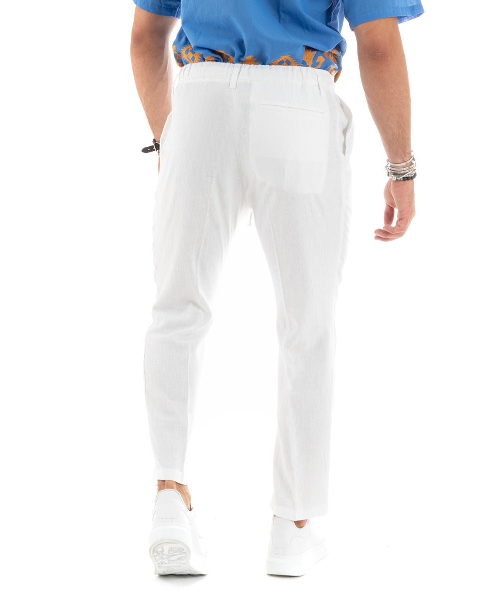 Pantaloni Uomo Lino Con Tasca America Basic Con Coulisse Elastico Sul Retro Casual Tinta Unita Bianco GIOSAL-P5833A