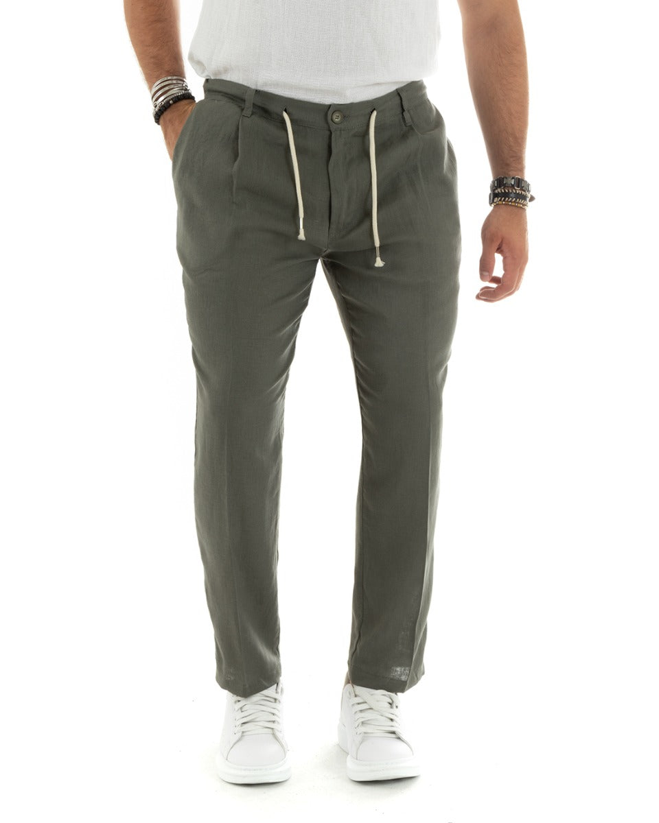 Pantaloni Uomo Lino Con Tasca America Basic Con Coulisse Elastico Sul Retro Casual Verde GIOSAL-P5835A